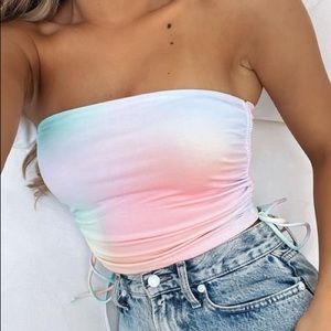White fox crop tube tie top rainbow